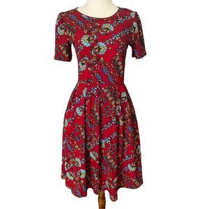 LuLa Ro Amelia-S  Red Floral Paisley Style Print Dress Zip Up Back with Deep Sid